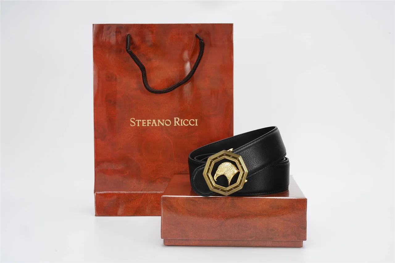 Black Gold Pebbled Octagonal Buckle Leather Belt 5