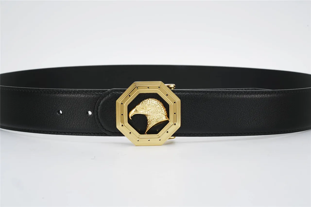 Black Gold Pebbled Octagonal Buckle Leather Belt 8