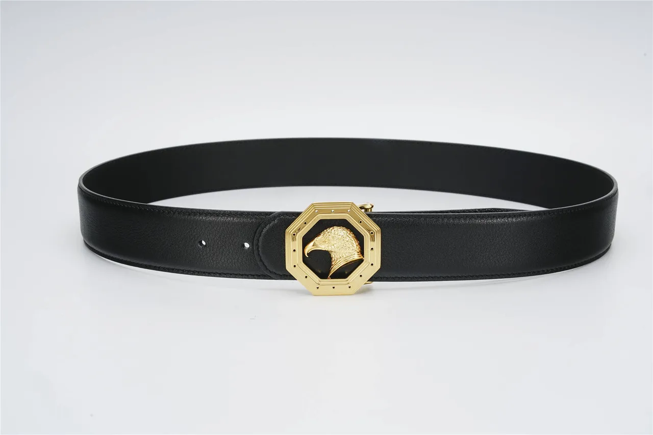 Black Gold Pebbled Octagonal Buckle Leather Belt 9