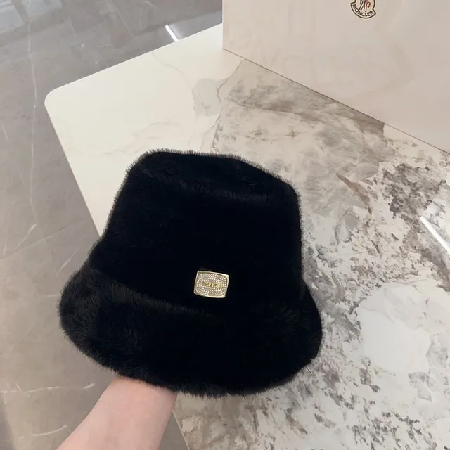 Black Gold Plush Faux Fur Crystal Plaque Bucket Hat 3