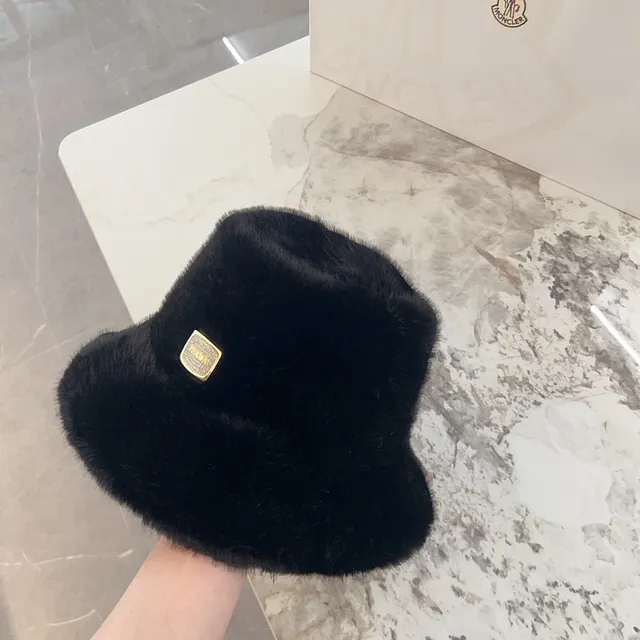 Black Gold Plush Faux Fur Crystal Plaque Bucket Hat 5