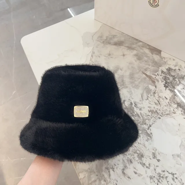 Black Gold Plush Faux Fur Crystal Plaque Bucket Hat 6