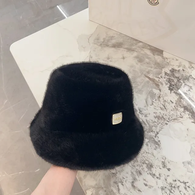 Black Gold Plush Faux Fur Crystal Plaque Bucket Hat 8