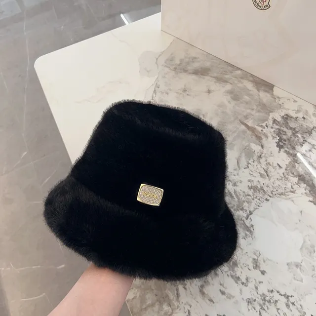 Black Gold Plush Faux Fur Crystal Plaque Bucket Hat 9
