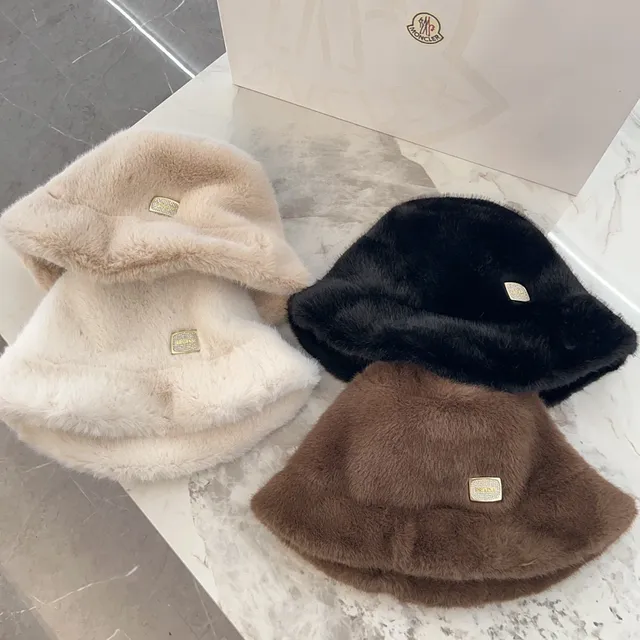 Black Gold Plush Faux Fur Crystal Plaque Bucket Hat 10