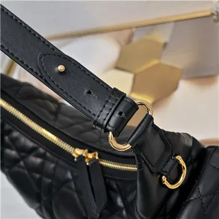 Black Gold Quilted Diamond Stitching Slouchy Silhouette Hobo Bag 14