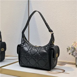 Black Gold Quilted Diamond Stitching Slouchy Silhouette Hobo Bag 17