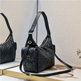 Black Gold Quilted Diamond Stitching Slouchy Silhouette Hobo Bag 18