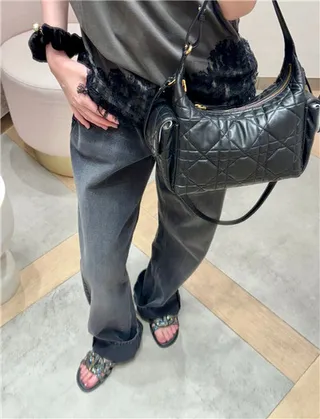 Black Gold Quilted Diamond Stitching Slouchy Silhouette Hobo Bag 24