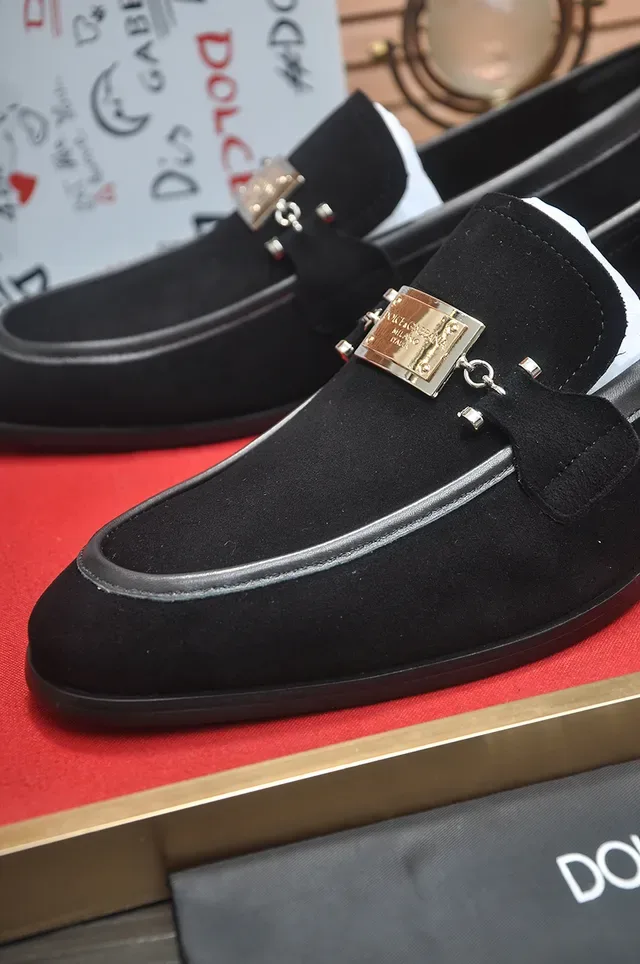 Black Gold Suede Upper Metal Plaque Accent Loafer 2
