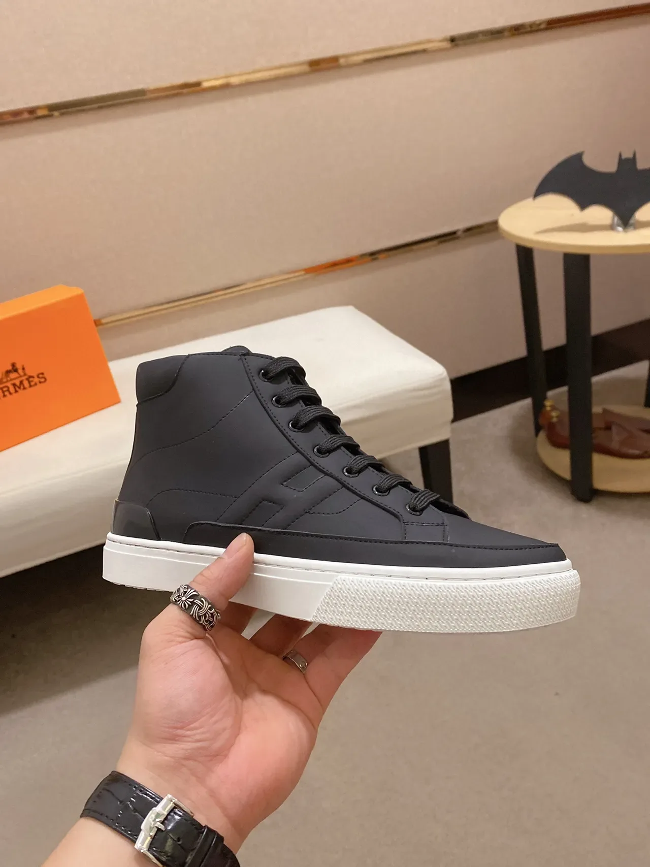 Black High-Top Smooth Upper White Cupsole Sneakers 7