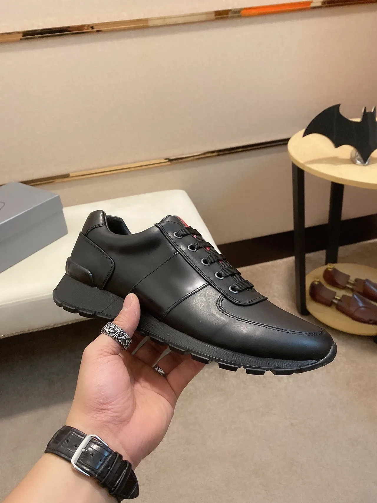 Black Leather Low-Top Lace-Up Sneaker 7