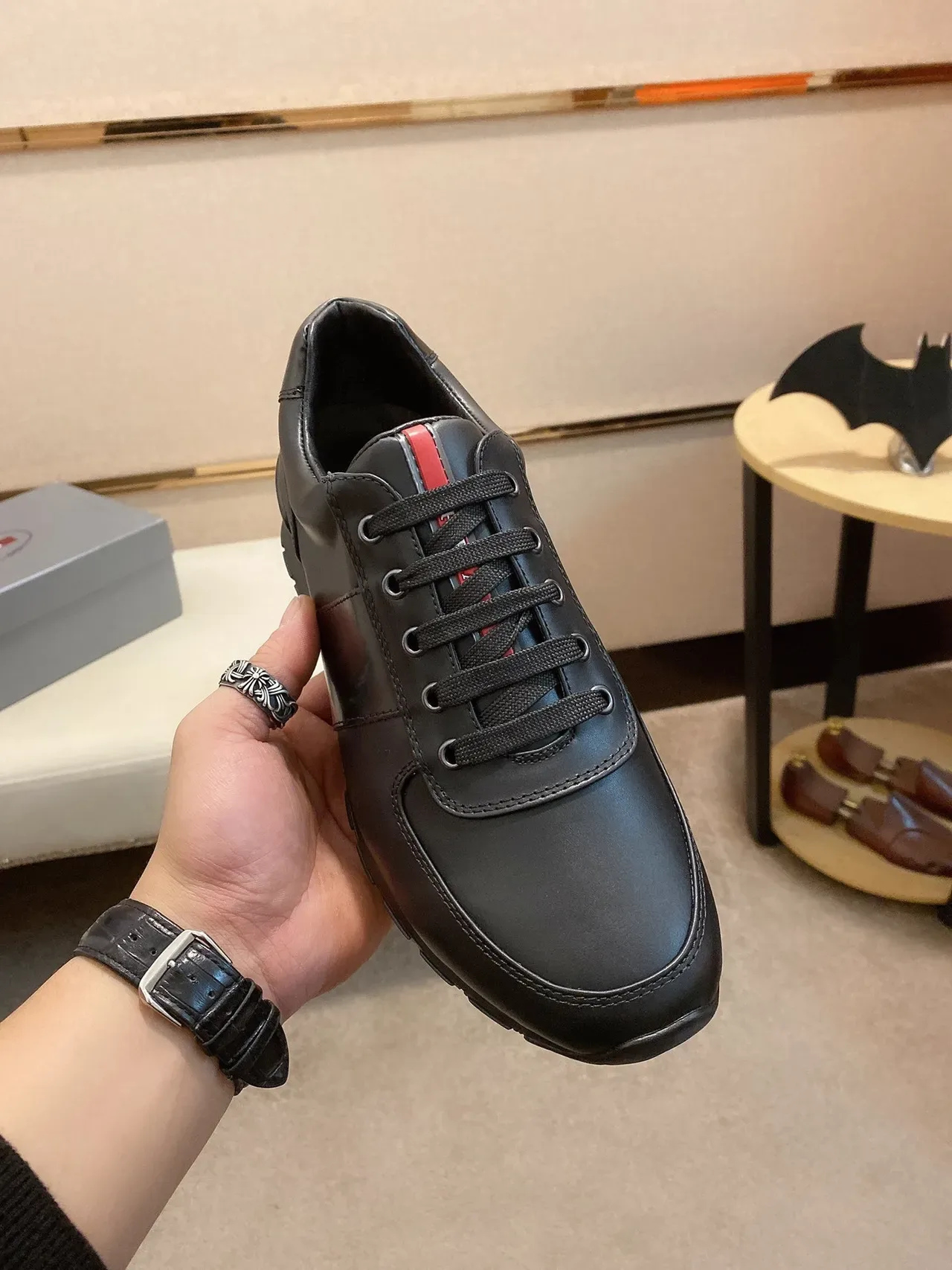 Black Leather Low-Top Lace-Up Sneaker 8