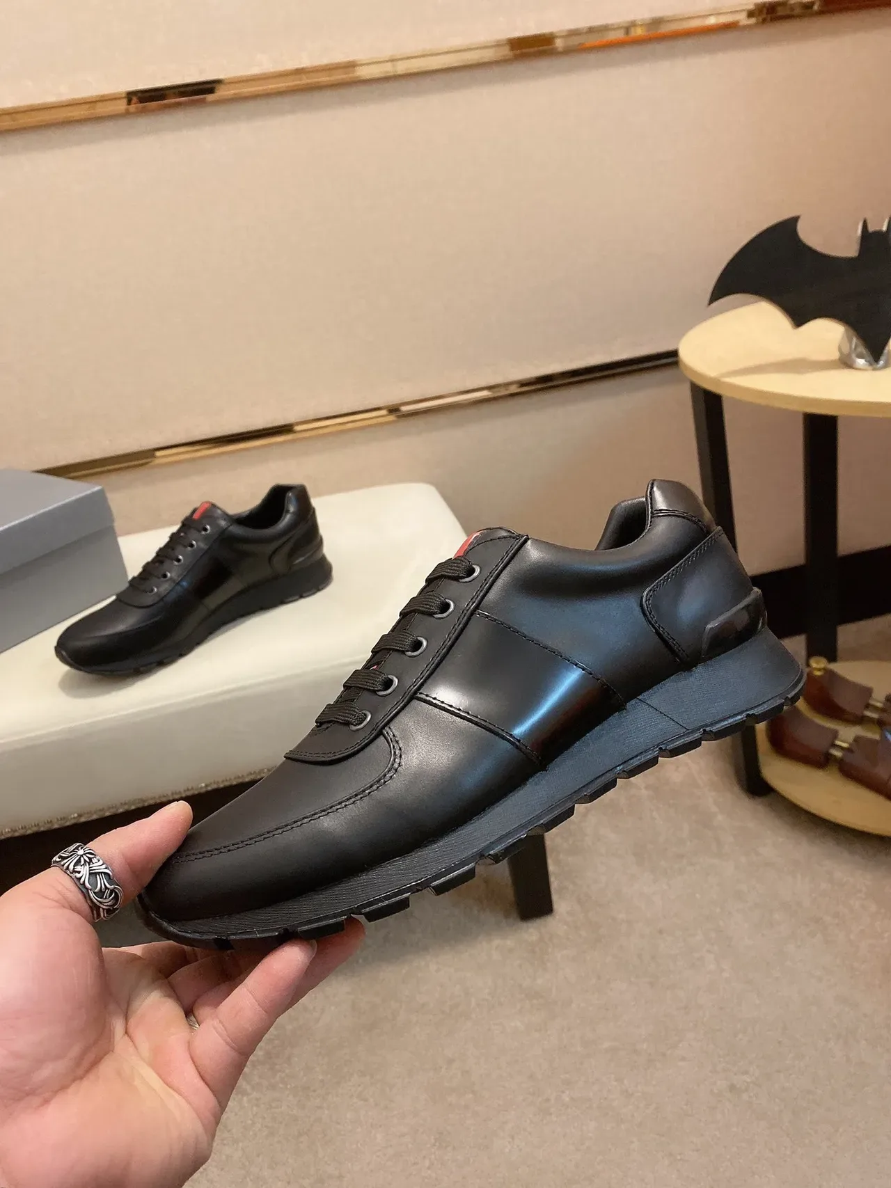 Black Leather Low-Top Lace-Up Sneaker 9