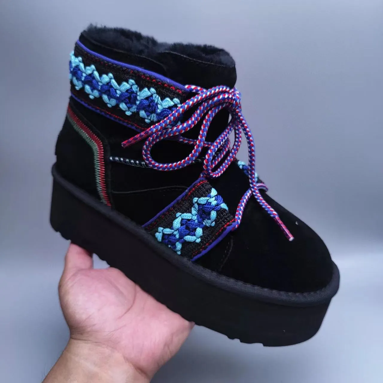 Black Multicolor Platform Sole Fur-Lined Collar Snow Boots 1