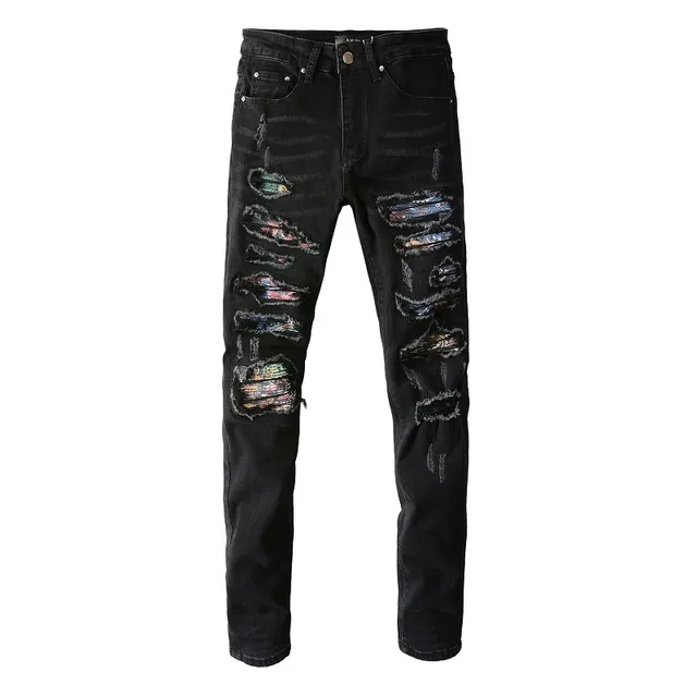 Black Multicolor Slim-Fit Distressed Jeans 3