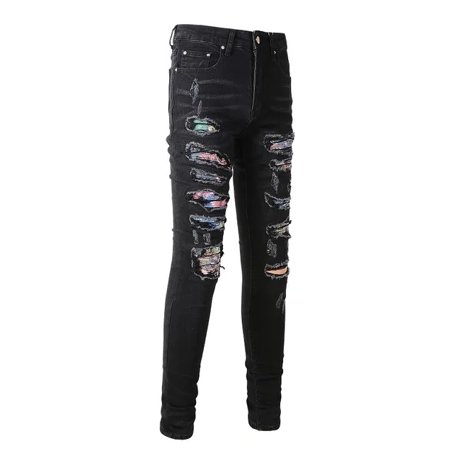 Black Multicolor Slim-Fit Distressed Jeans 5
