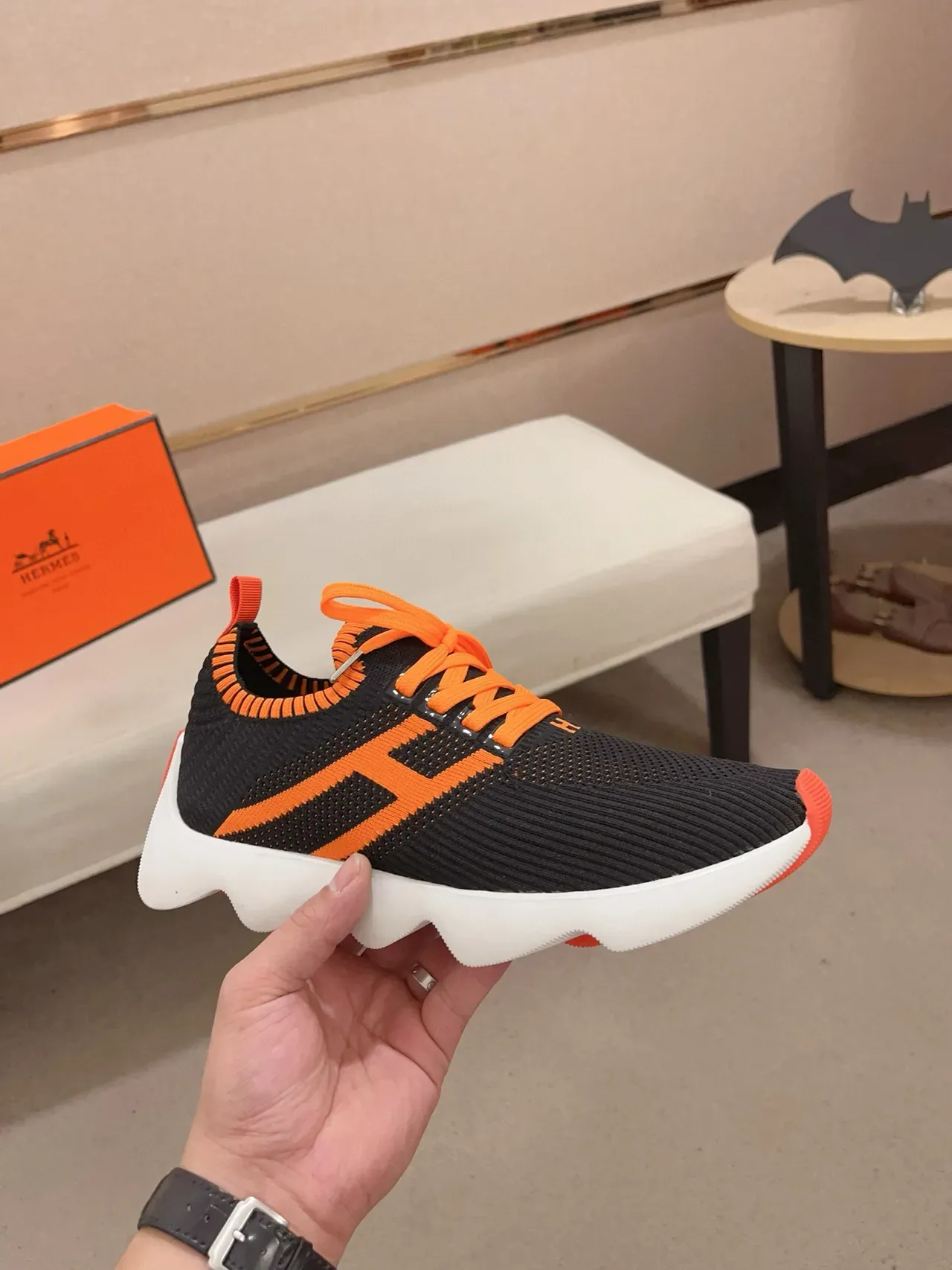 Black Orange Knit Upper Sculpted Wavy Midsole Lifestyle Sneakers 4