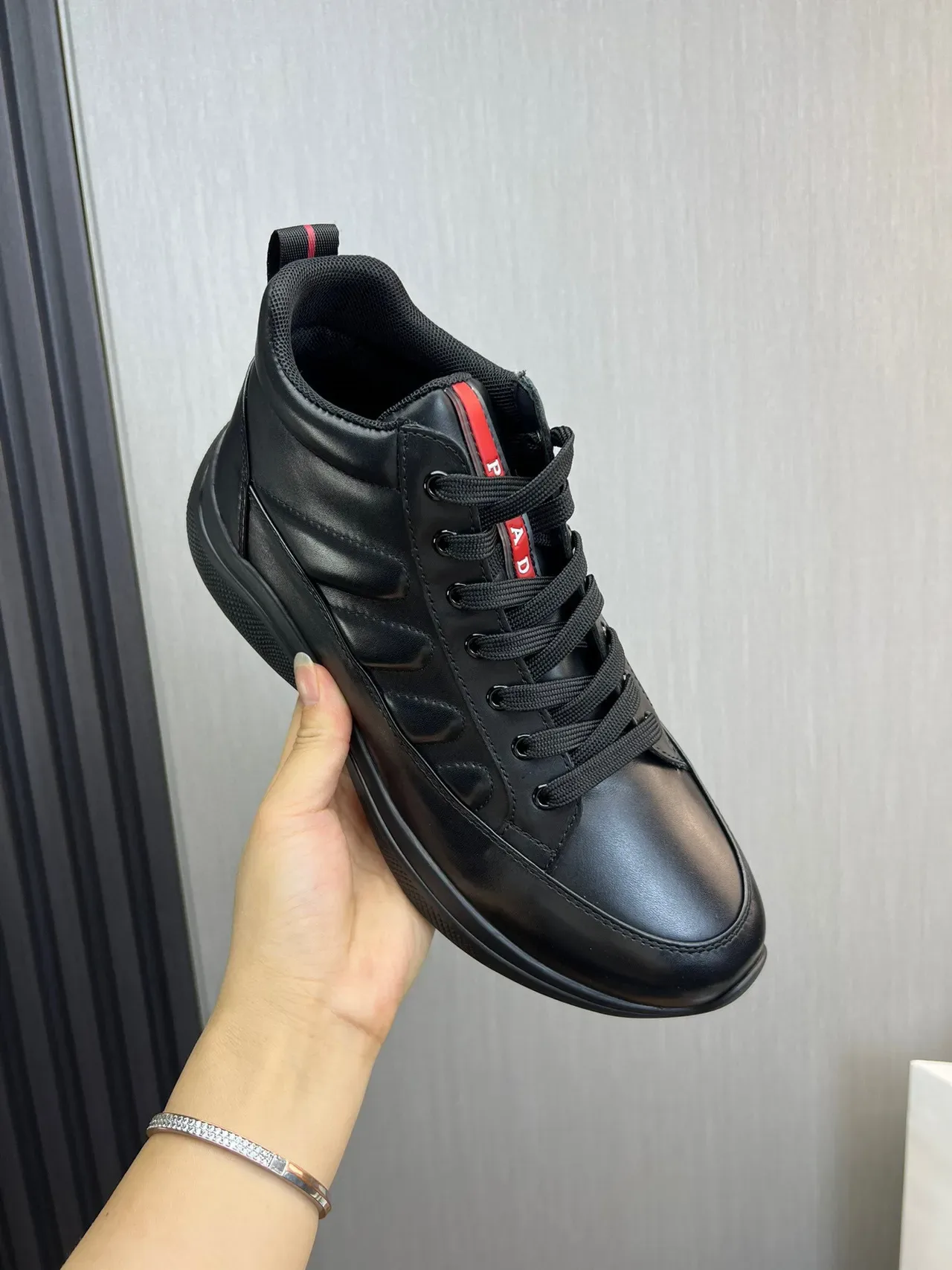 Black Red High-Top Smooth Leather Sneakers 4