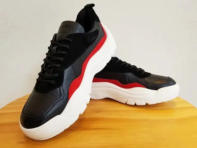 Black Red Sole Color-Blocked Side Stripe Chunky Sneakers 1