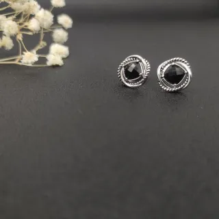 Black Silver Faceted Stone Twisted Rope Bezel Earrings