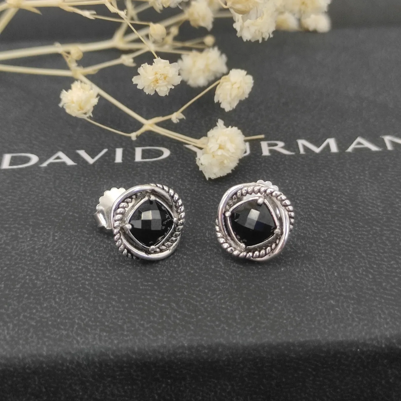 Black Silver Faceted Stone Twisted Rope Bezel Earrings 2