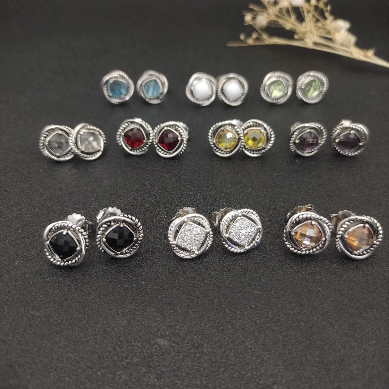 Black Silver Faceted Stone Twisted Rope Bezel Earrings 3
