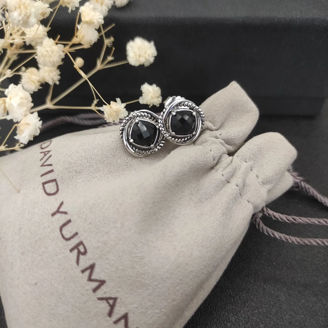 Black Silver Faceted Stone Twisted Rope Bezel Earrings 4