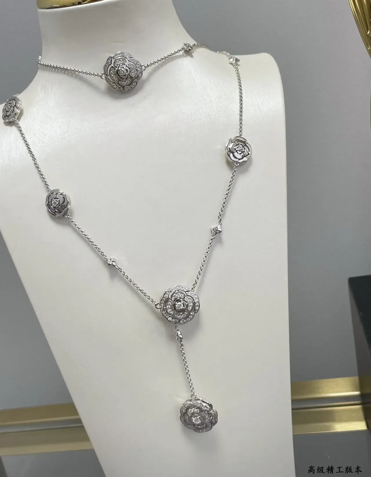 Black Silver Floral Motif Y-Drop Lariat Necklace 5