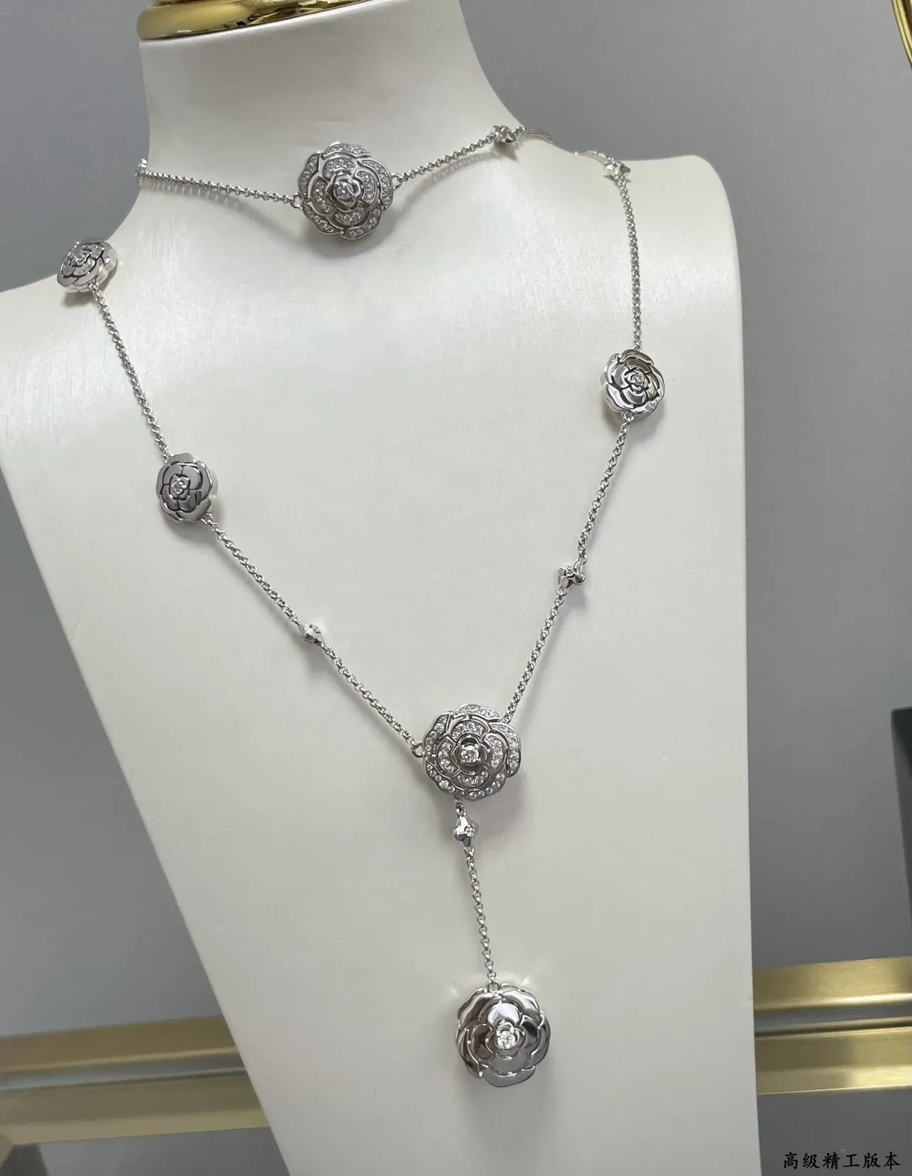 Black Silver Floral Motif Y-Drop Lariat Necklace 8