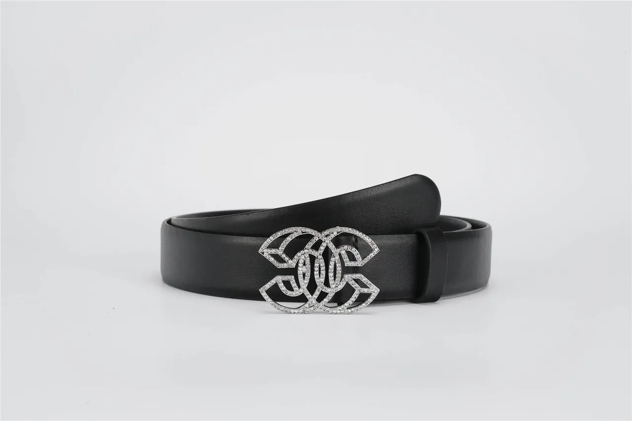 Black Silver Strap Crystal-Embellished Buckle Leather Belt 3