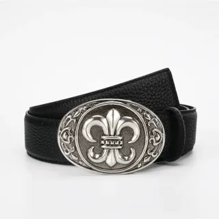 Black Silver Textured Pebbled Ornate Oval Buckle Leather Belt