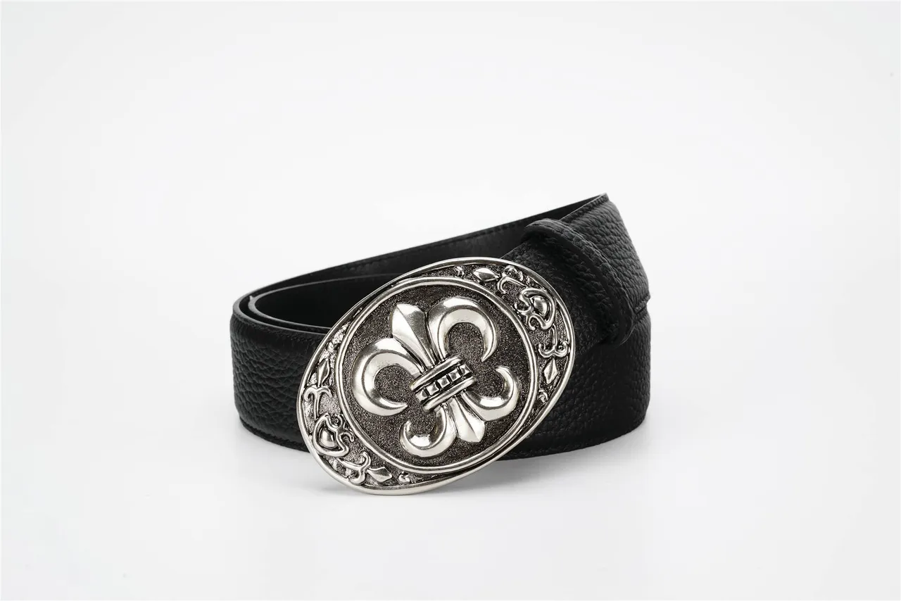 Black Silver Textured Pebbled Ornate Oval Buckle Leather Belt 6