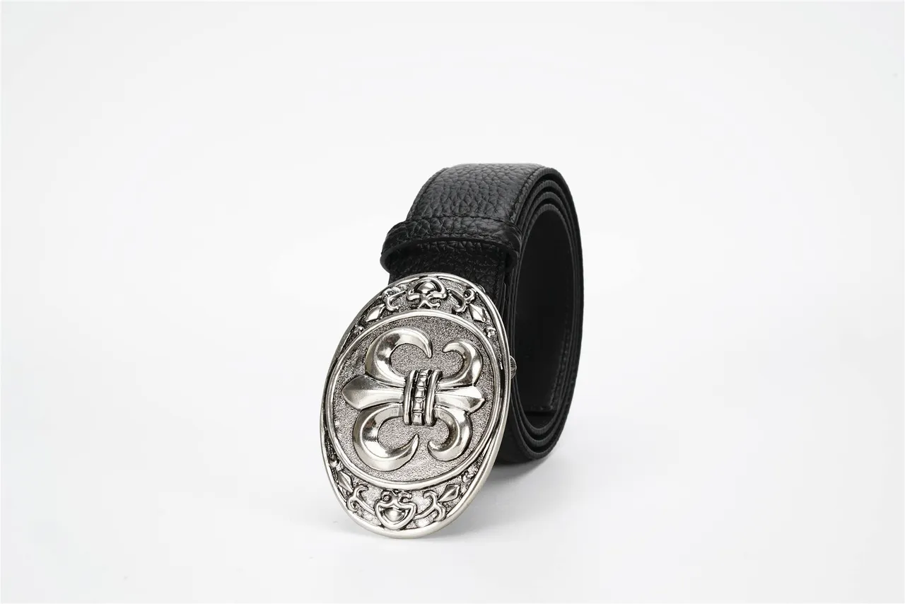 Black Silver Textured Pebbled Ornate Oval Buckle Leather Belt 9