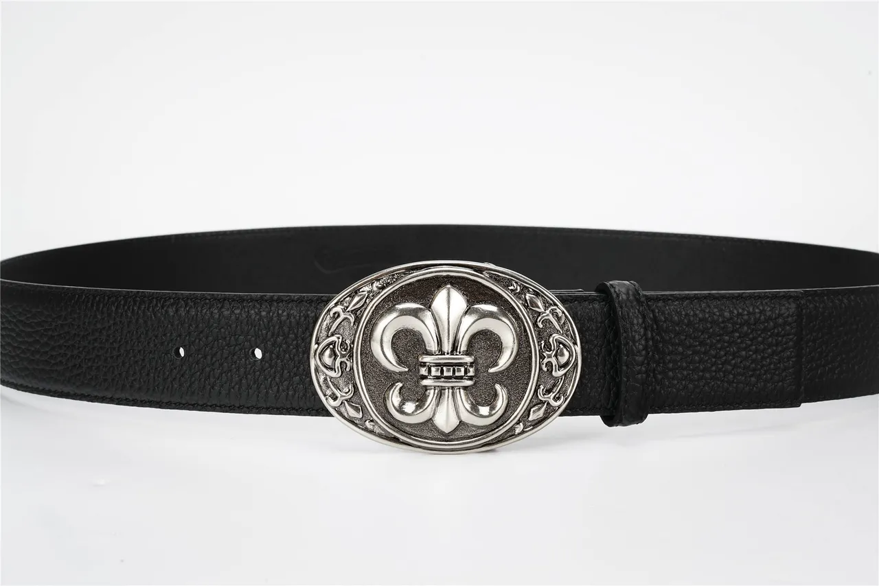 Black Silver Textured Pebbled Ornate Oval Buckle Leather Belt 10