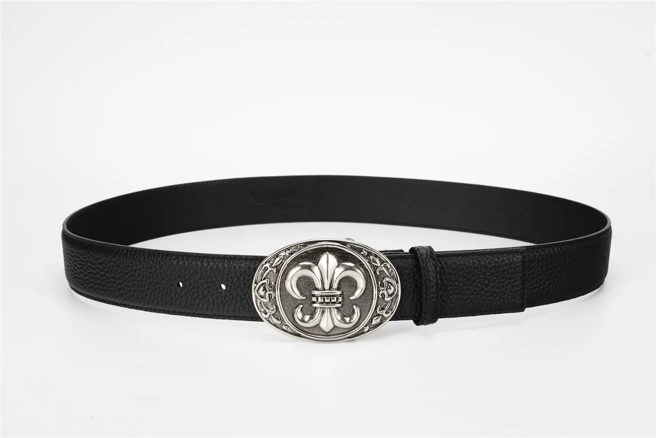 Black Silver Textured Pebbled Ornate Oval Buckle Leather Belt 11