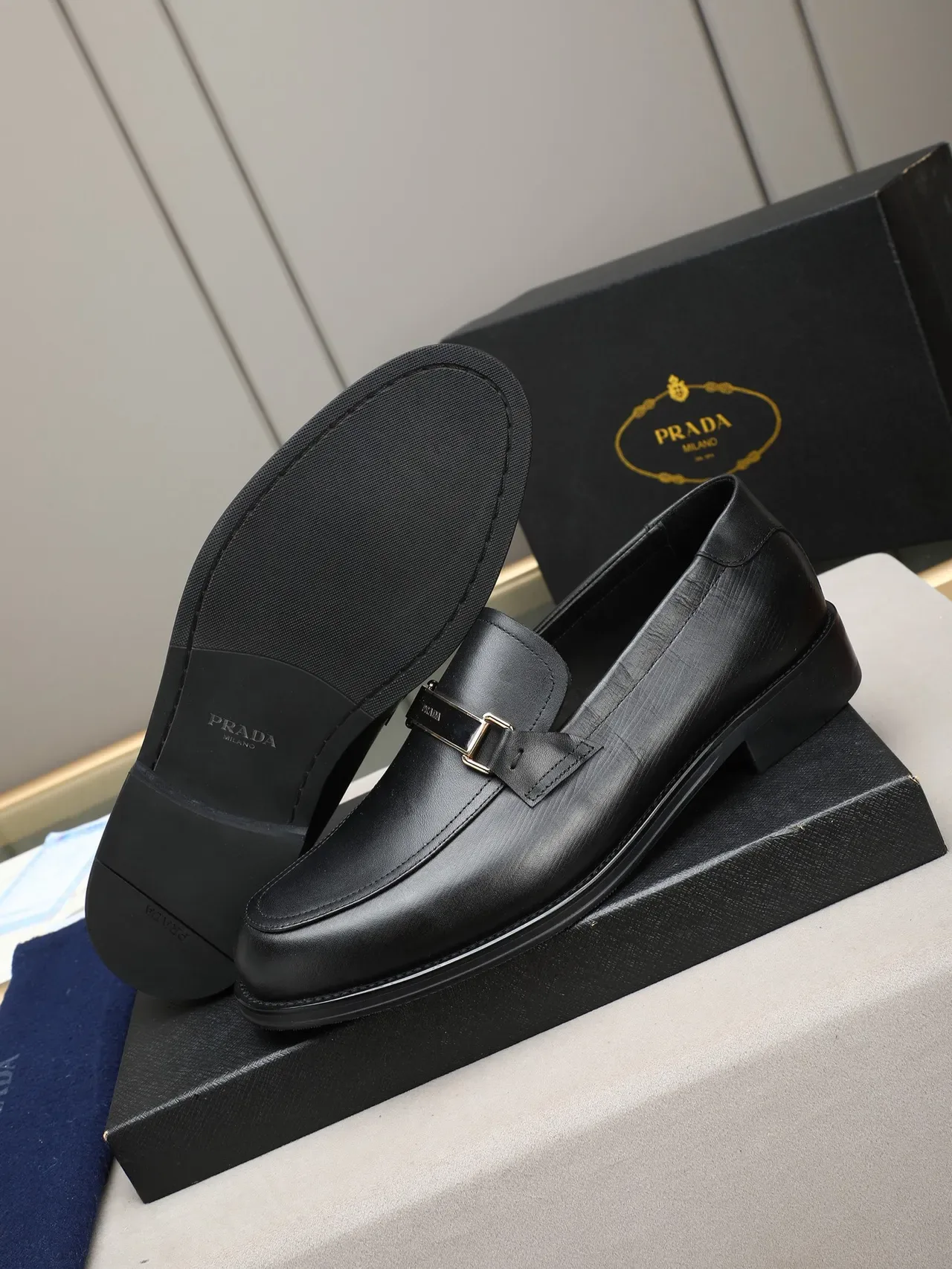 Black Textured Leather Buckle Strap Loafer 5
