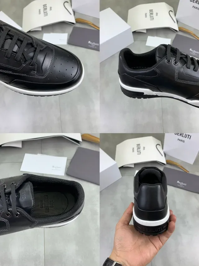 Black White Leather Upper Perforated Toe Cap Sneakers 2