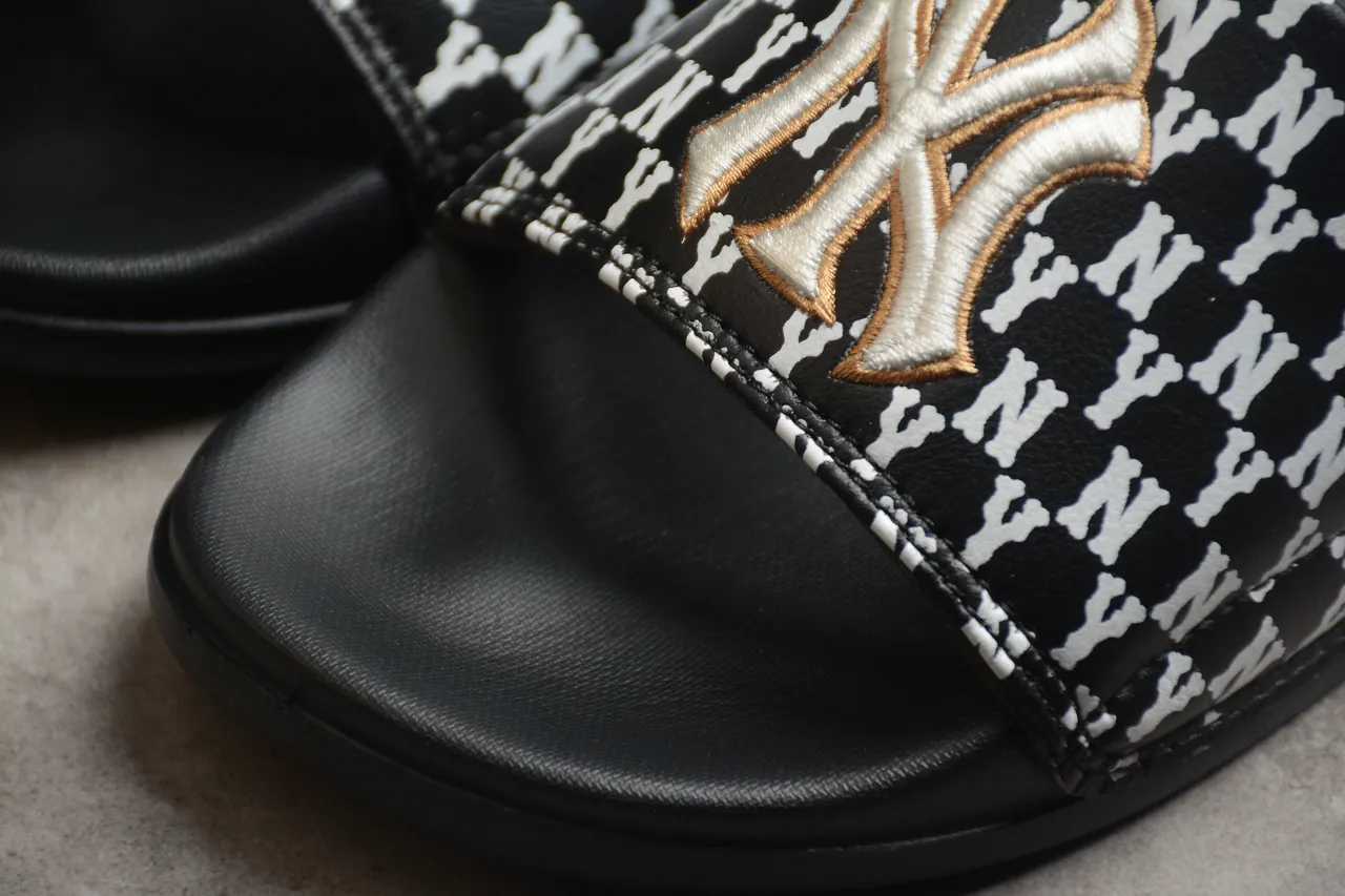 Black White Monochrome Patterned Strap Gold Embroidered Emblem Slippers 7