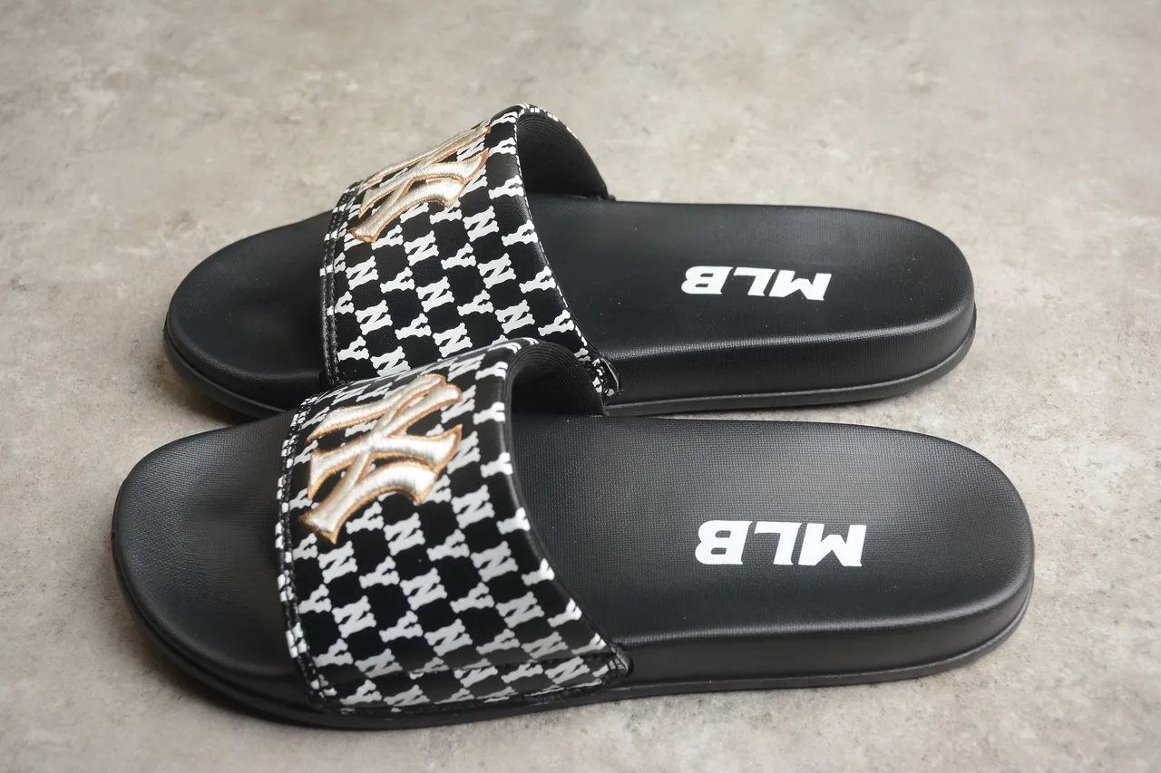 Black White Monochrome Patterned Strap Gold Embroidered Emblem Slippers 8
