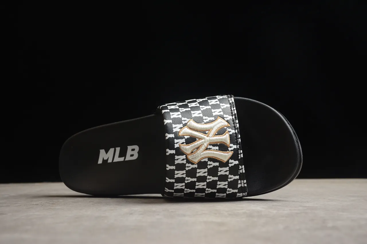 Black White Monochrome Patterned Strap Gold Embroidered Emblem Slippers 11
