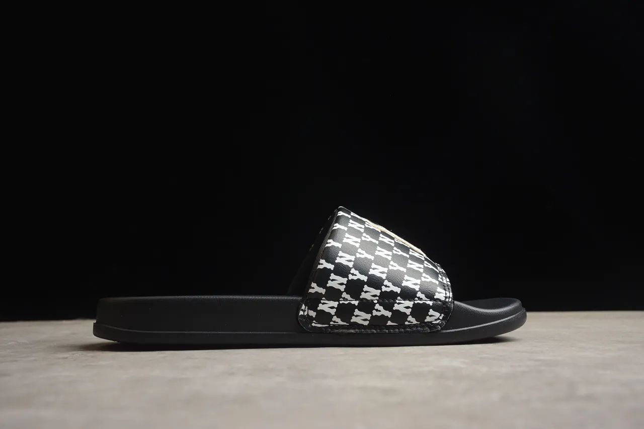 Black White Monochrome Patterned Strap Gold Embroidered Emblem Slippers 12