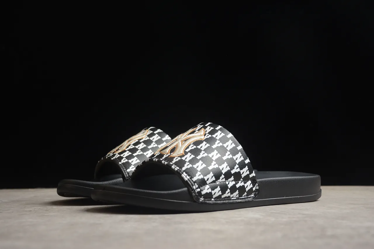 Black White Monochrome Patterned Strap Gold Embroidered Emblem Slippers 13