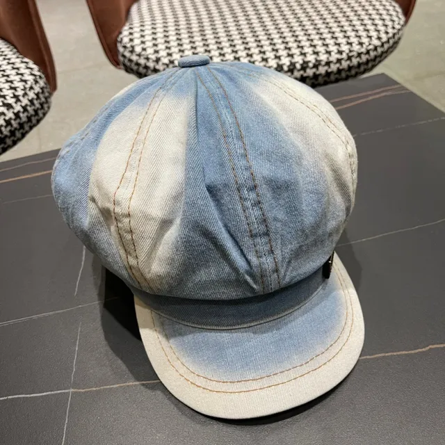 Blue Beige Denim Ombre Eight-Panel Construction Beret 5