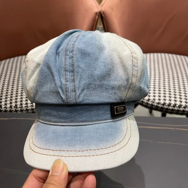Blue Beige Denim Ombre Eight-Panel Construction Beret 7