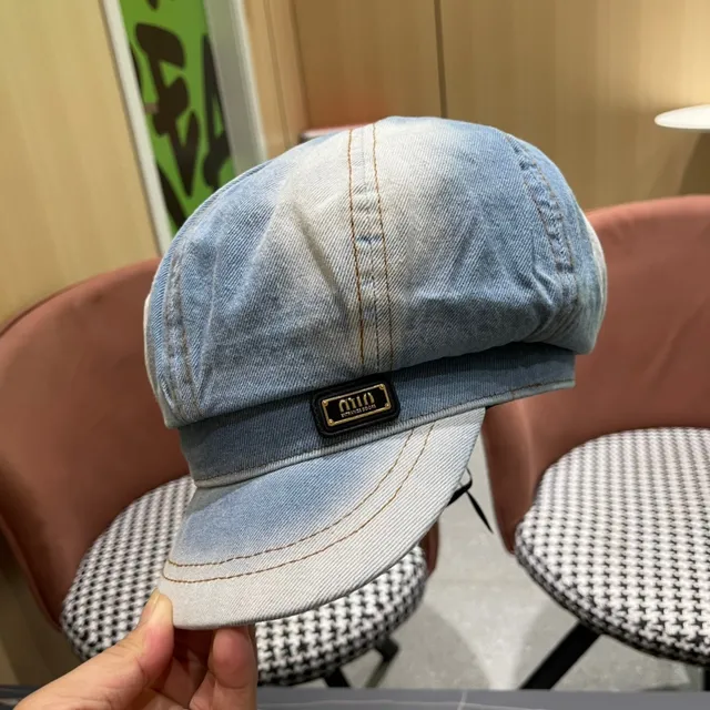 Blue Beige Denim Ombre Eight-Panel Construction Beret 9