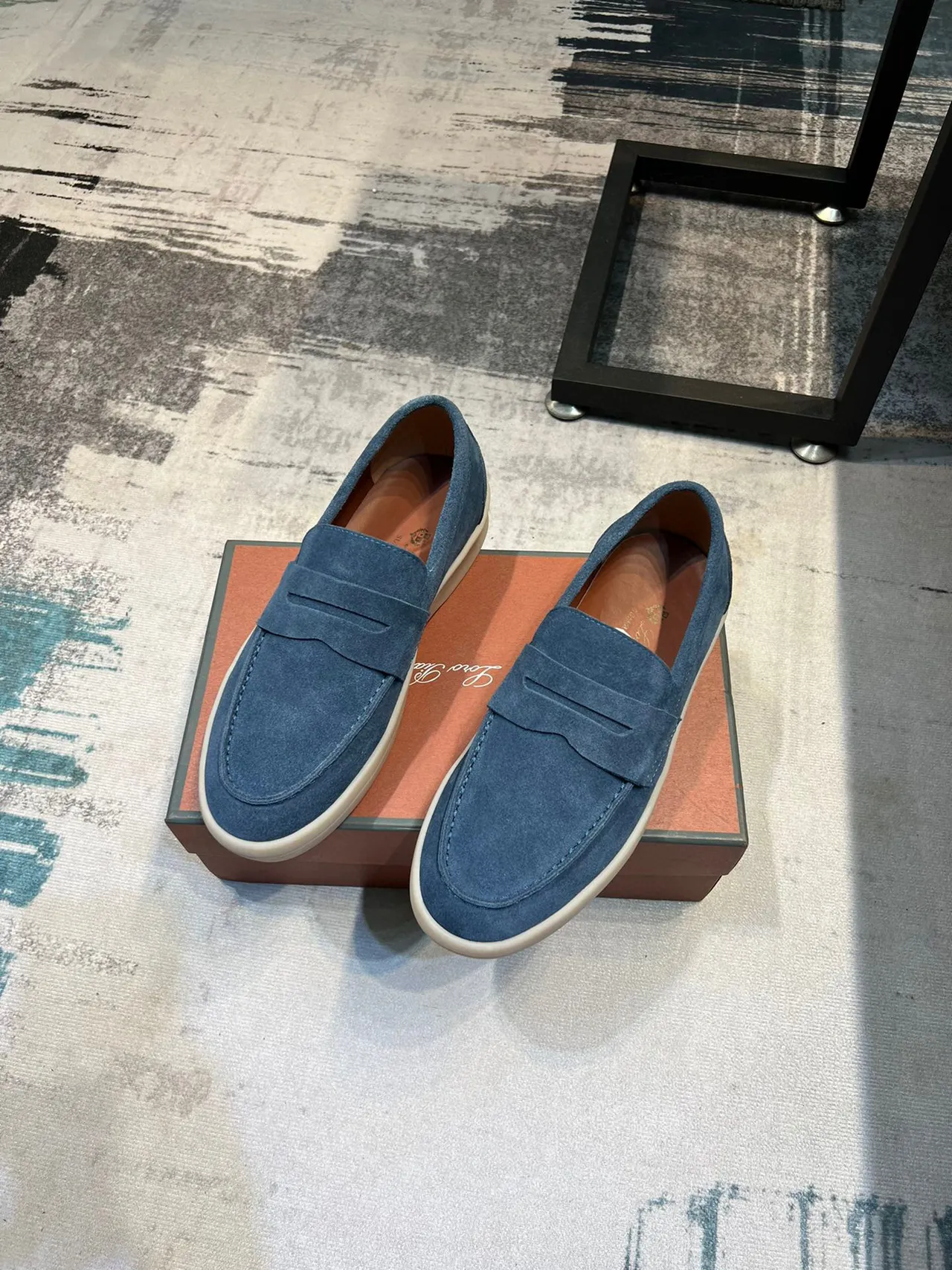 Blue Beige Suede Upper Penny Strap Loafer 9