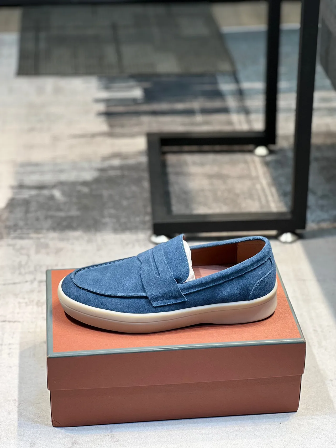 Blue Beige Suede Upper Penny Strap Loafer 6