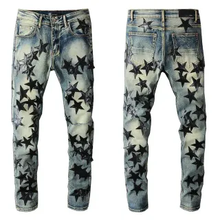 Blue Black Distressed Light-Wash Denim 3D Star Appliqué Pattern Jeans