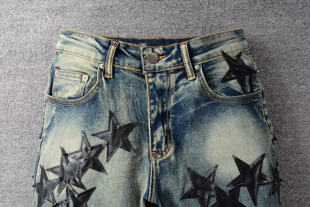 Blue Black Distressed Light-Wash Denim 3D Star Appliqué Pattern Jeans 6